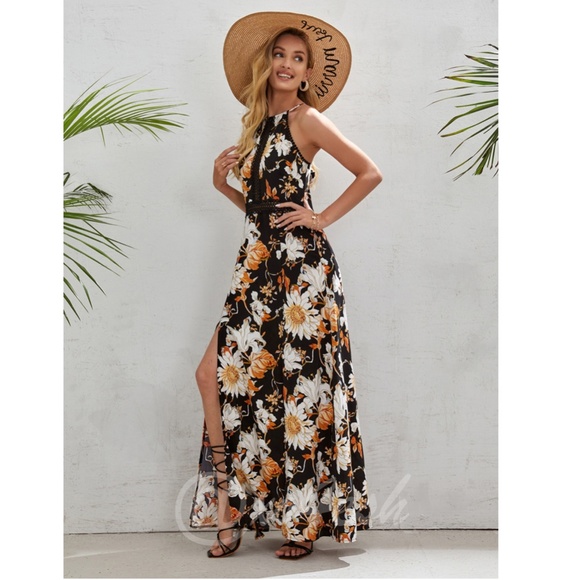 Maxi Floral Dress Black Halter Neck Open Back - Picture 3 of 8